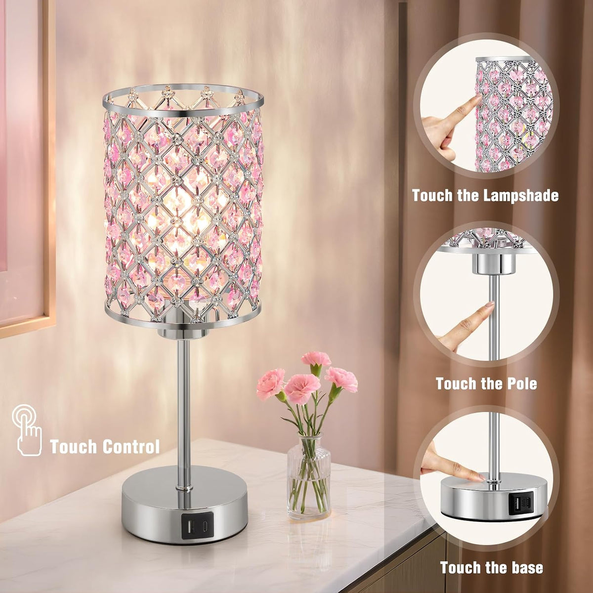 GyroVu Pink Crystal Bedside Table Lamps Set of 2 with USB C+A Ports