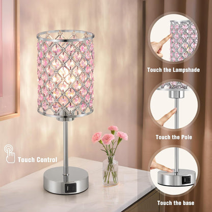 GyroVu Pink Crystal Bedside Table Lamps Set of 2 with USB C+A Ports