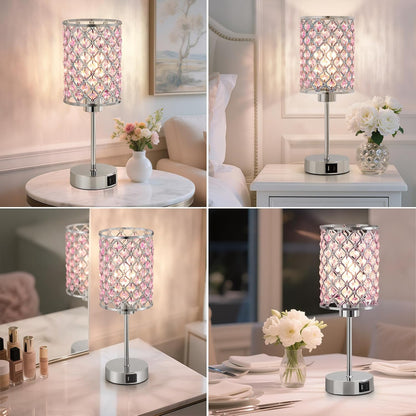 GyroVu Pink Crystal Bedside Table Lamps Set of 2 with USB C+A Ports