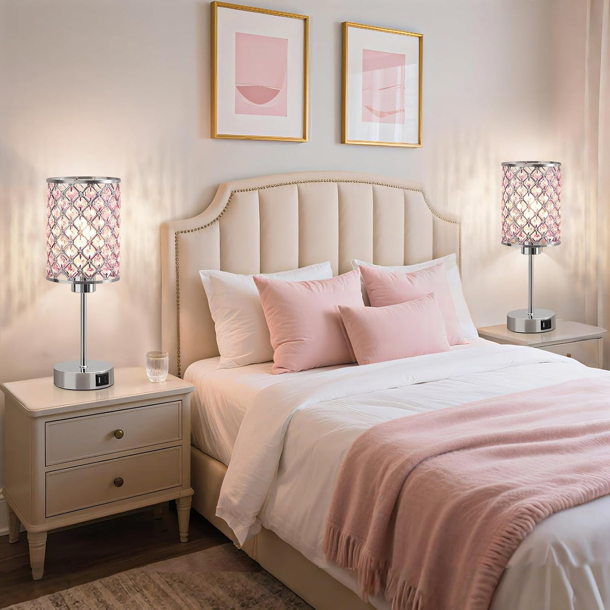 GyroVu Pink Crystal Bedside Table Lamps Set of 2 with USB C+A Ports