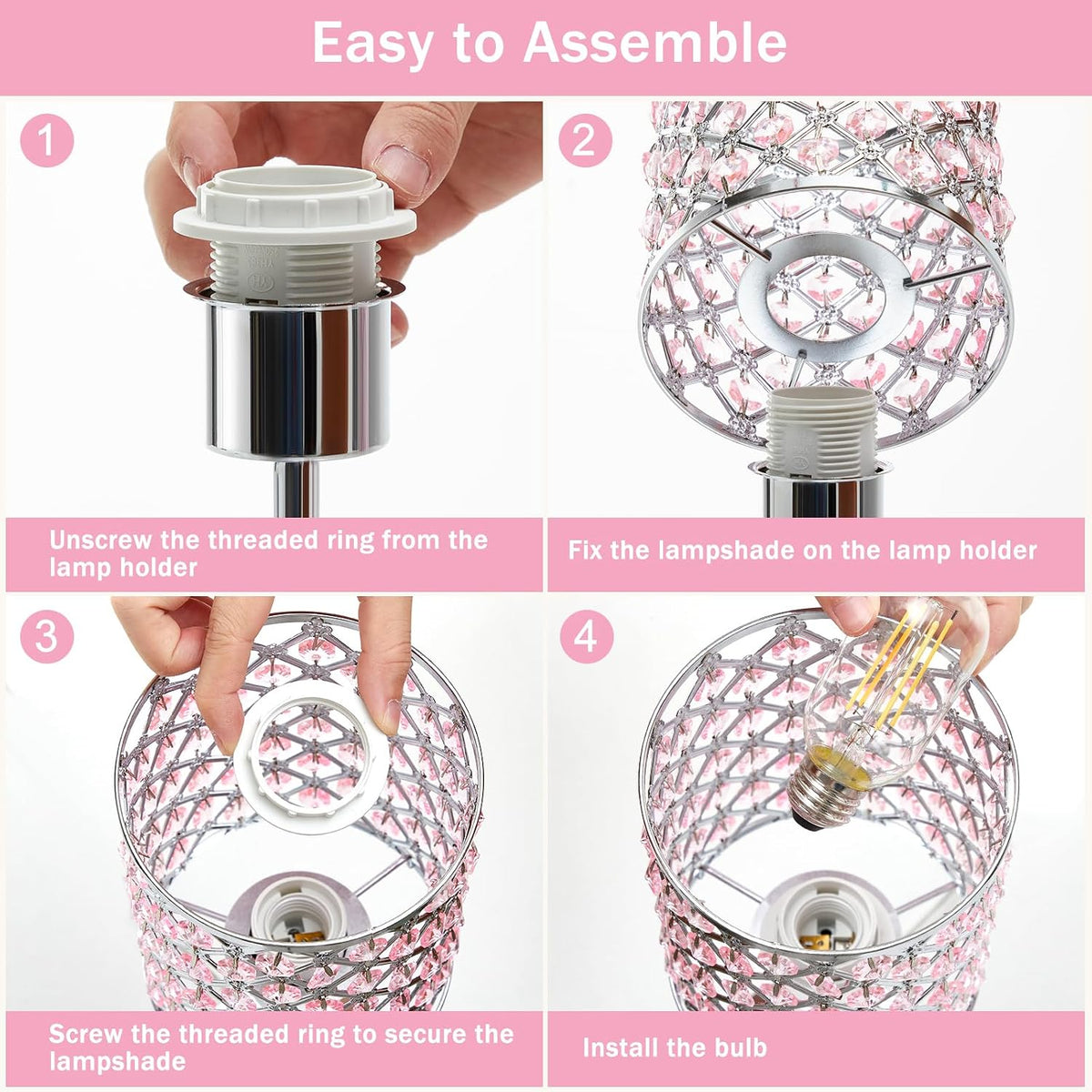 GyroVu Pink Crystal Bedside Table Lamps Set of 2 with USB C+A Ports