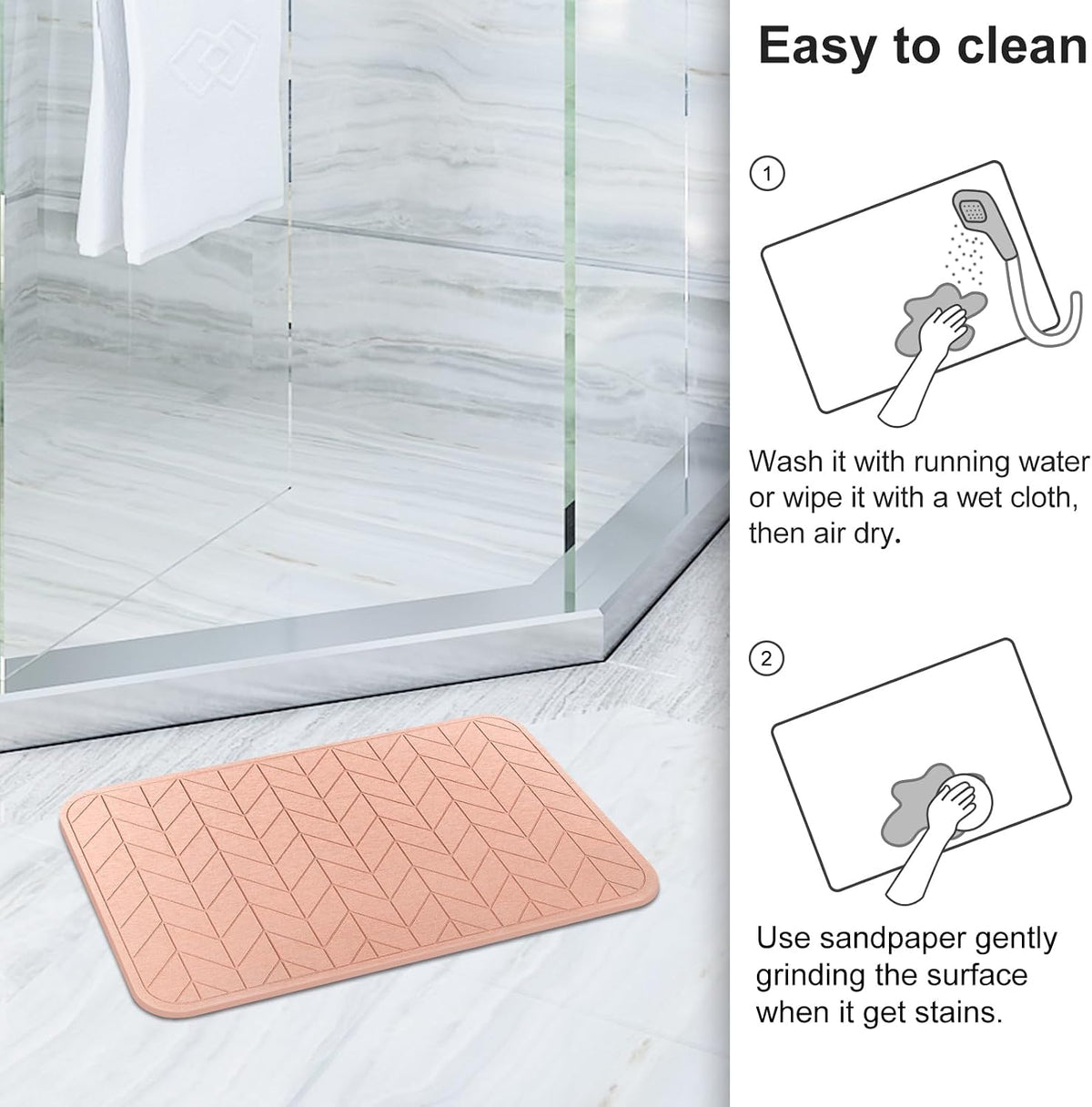 2 Pack Diatomaceous Earth Shower Mat, Stone Bath Mat, Nonslip Super Absorbent Fast-Drying Hard Bath Mat for Bathroom Shower Floor, 24 x 16 inch, Pink Arrow Design
