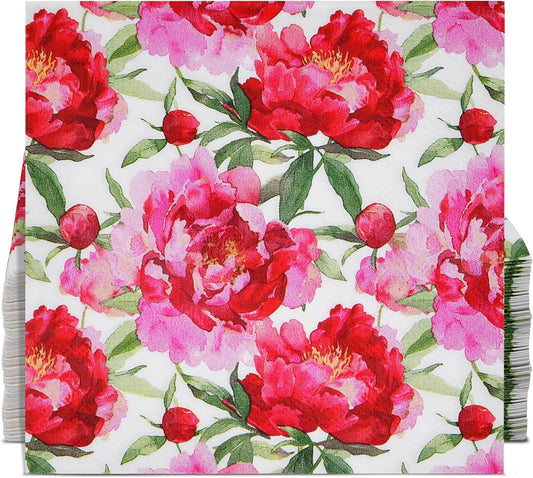100 Count Spring Blush Peony Floral Cocktail Napkins, Paper Beverage Napkins for Parties, Bridal Showers, Garden Events