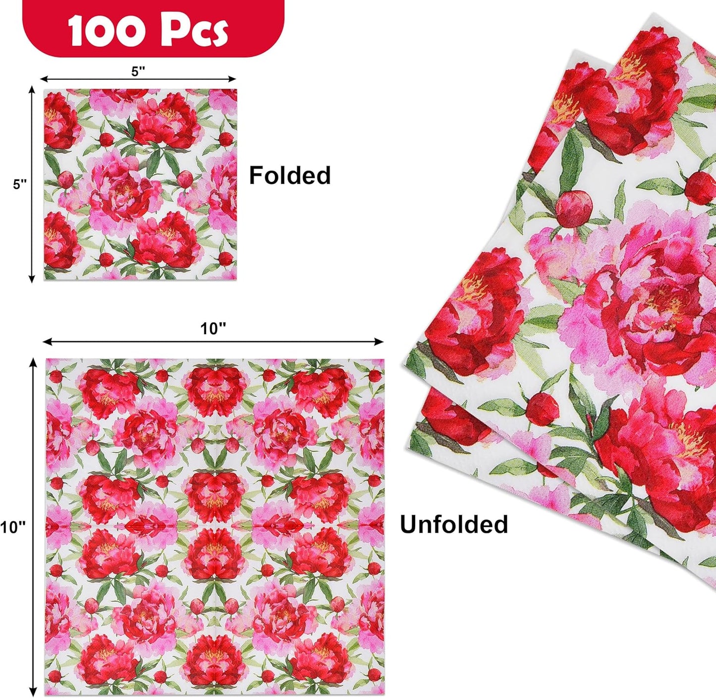 100 Count Spring Blush Peony Floral Cocktail Napkins, Paper Beverage Napkins for Parties, Bridal Showers, Garden Events