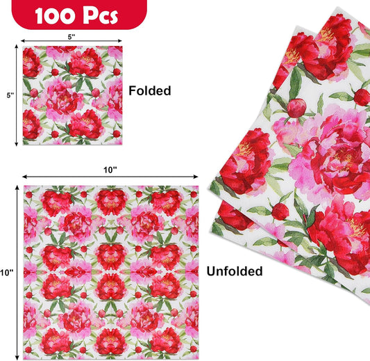 100 Count Spring Blush Peony Floral Cocktail Napkins, Paper Beverage Napkins for Parties, Bridal Showers, Garden Events