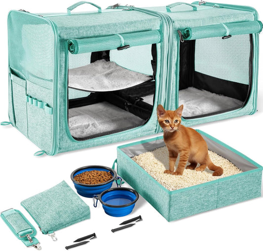 Large Cat Carrier for 2 Cats with Zipper Locks, Double Cat Carrier with Travel Litter Box, Soft Pet Travel Carrier for Cats and Small Dogs Up to 45 Lbs, Green