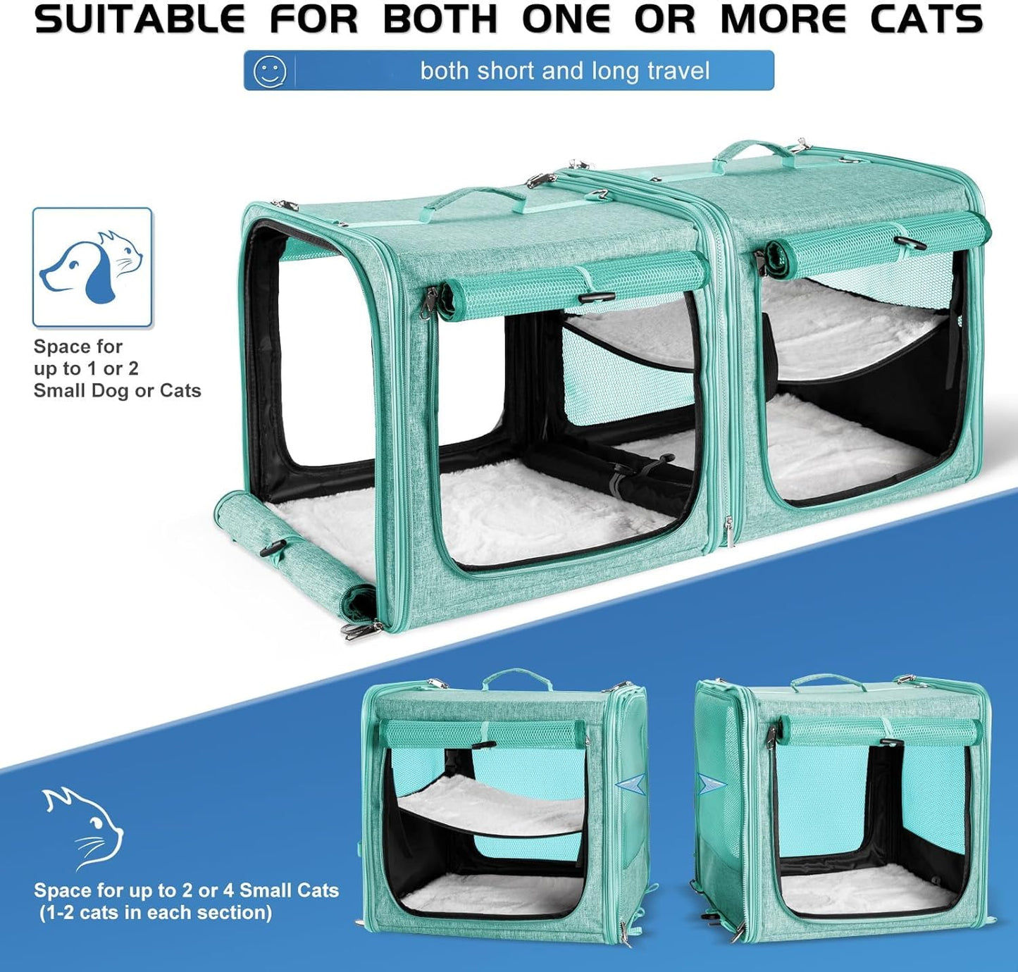 Large Cat Carrier for 2 Cats with Zipper Locks, Double Cat Carrier with Travel Litter Box, Soft Pet Travel Carrier for Cats and Small Dogs Up to 45 Lbs, Green