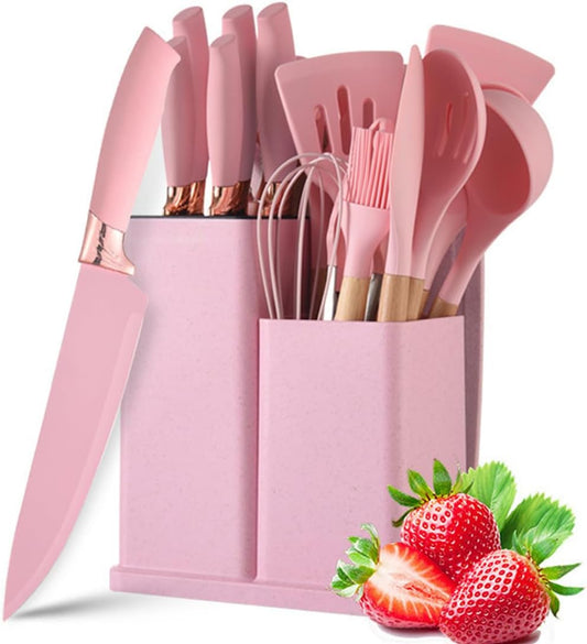 Cherry Pink 19 Piece Kitchen Utensils and Knife Set with Block, Including 9 Silicone Cooking Utensils, 5 Stainless Steel Chef Knives, Scissors, Whisk, Tongs and Cutting Board