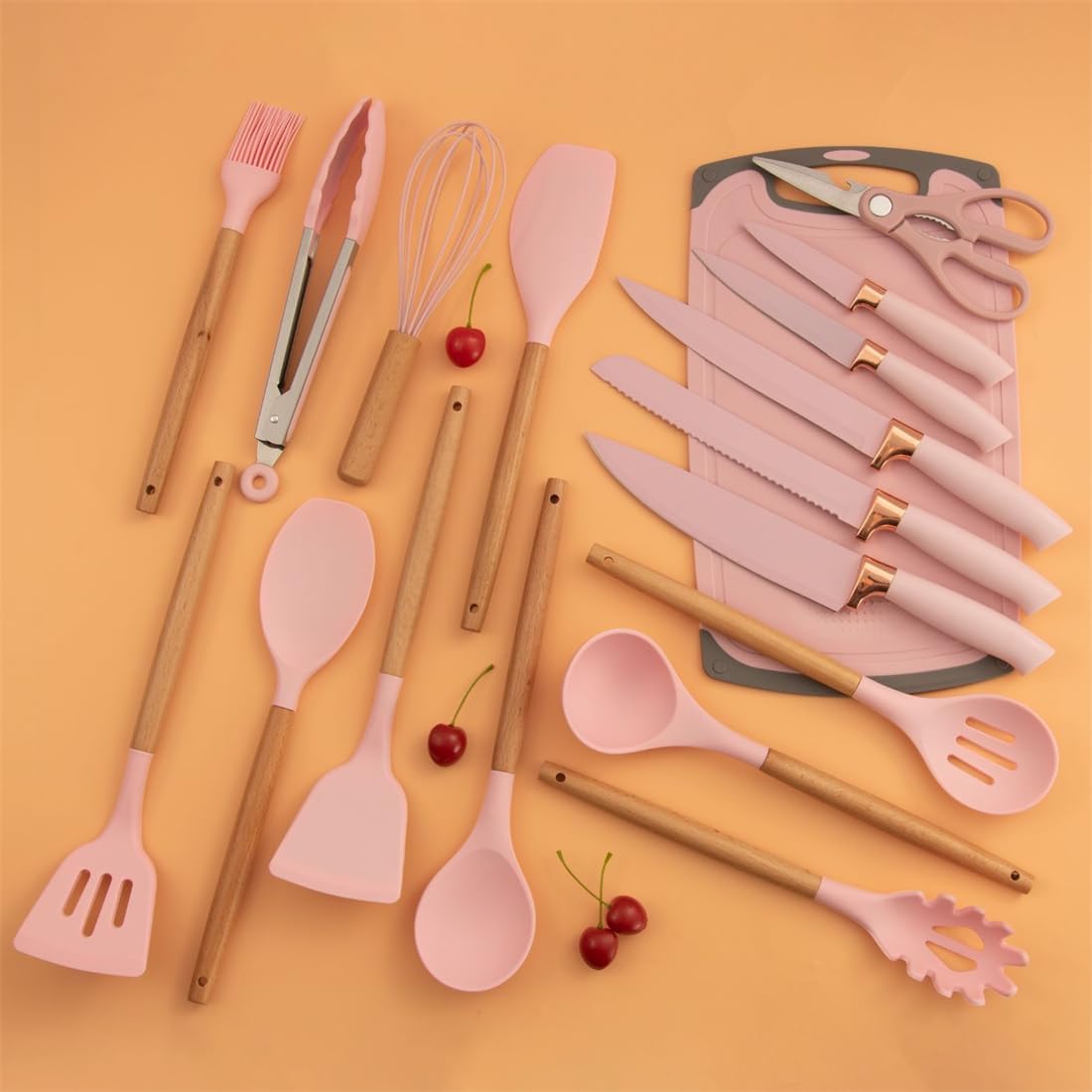 Cherry Pink 19 Piece Kitchen Utensils and Knife Set with Block, Including 9 Silicone Cooking Utensils, 5 Stainless Steel Chef Knives, Scissors, Whisk, Tongs and Cutting Board