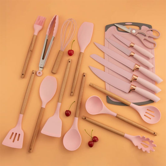 Cherry Pink 19 Piece Kitchen Utensils and Knife Set with Block, Including 9 Silicone Cooking Utensils, 5 Stainless Steel Chef Knives, Scissors, Whisk, Tongs and Cutting Board