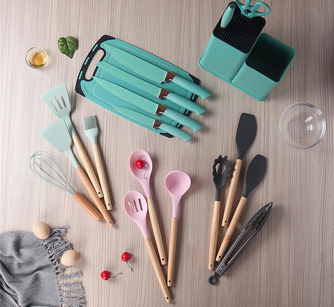 Cherry Pink 19 Piece Kitchen Utensils and Knife Set with Block, Including 9 Silicone Cooking Utensils, 5 Stainless Steel Chef Knives, Scissors, Whisk, Tongs and Cutting Board