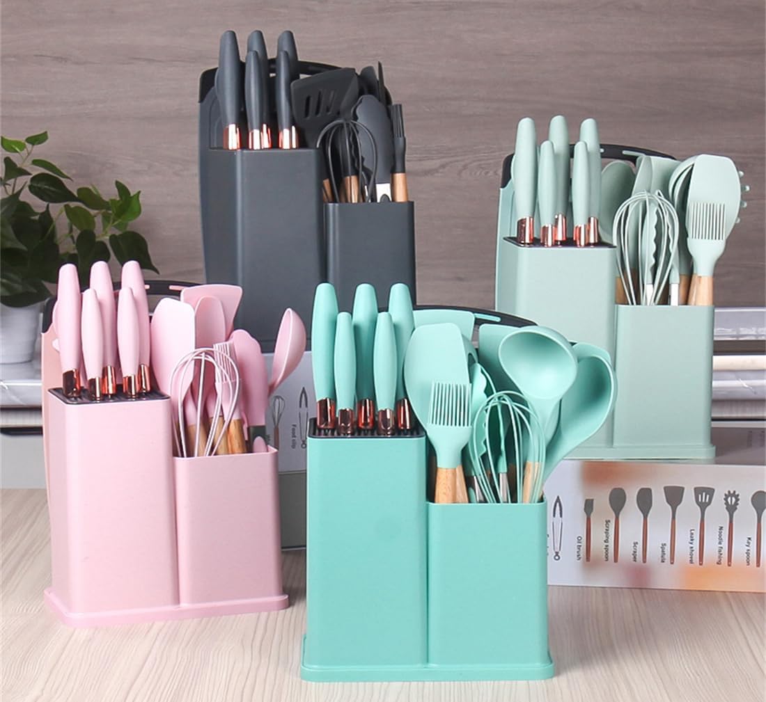Cherry Pink 19 Piece Kitchen Utensils and Knife Set with Block, Including 9 Silicone Cooking Utensils, 5 Stainless Steel Chef Knives, Scissors, Whisk, Tongs and Cutting Board