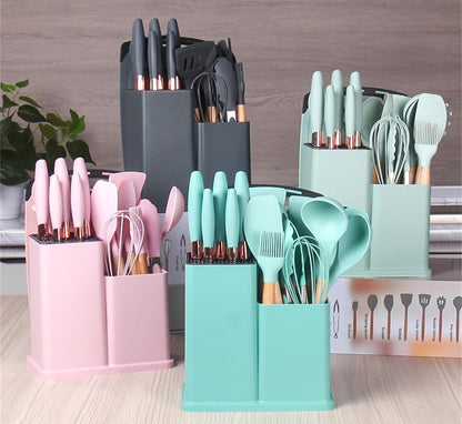 Cherry Pink 19 Piece Kitchen Utensils and Knife Set with Block, Including 9 Silicone Cooking Utensils, 5 Stainless Steel Chef Knives, Scissors, Whisk, Tongs and Cutting Board