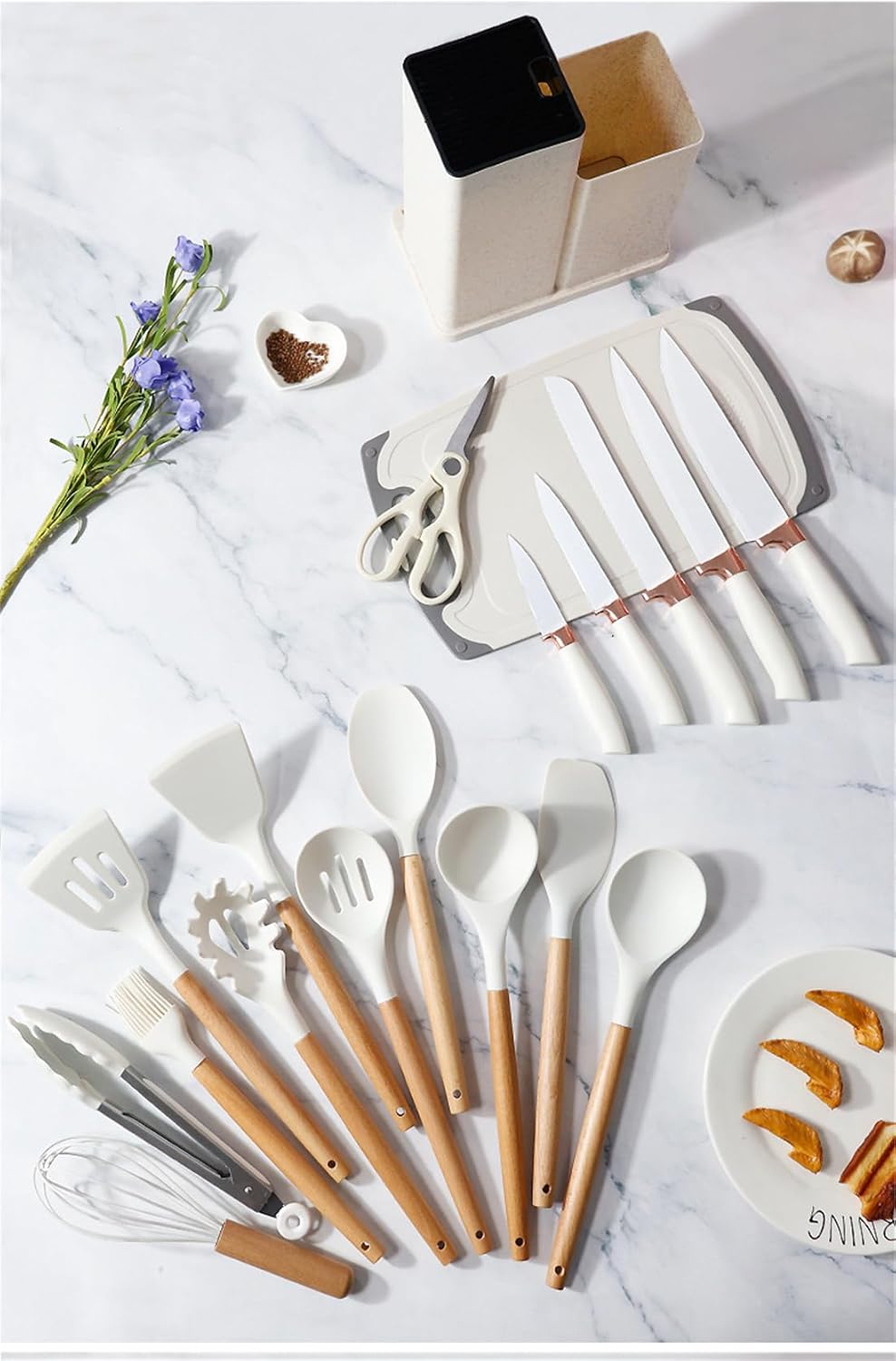 Cherry Pink 19 Piece Kitchen Utensils and Knife Set with Block, Including 9 Silicone Cooking Utensils, 5 Stainless Steel Chef Knives, Scissors, Whisk, Tongs and Cutting Board