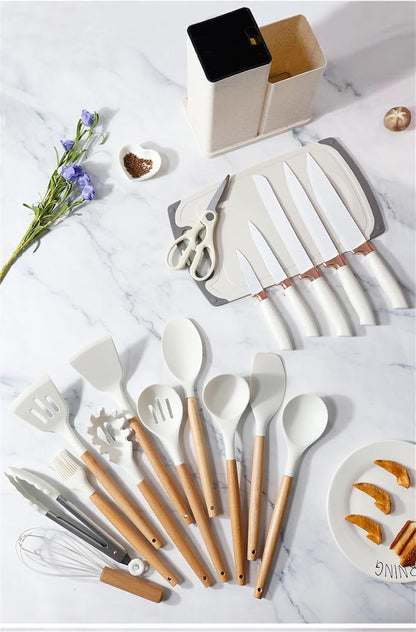 Cherry Pink 19 Piece Kitchen Utensils and Knife Set with Block, Including 9 Silicone Cooking Utensils, 5 Stainless Steel Chef Knives, Scissors, Whisk, Tongs and Cutting Board