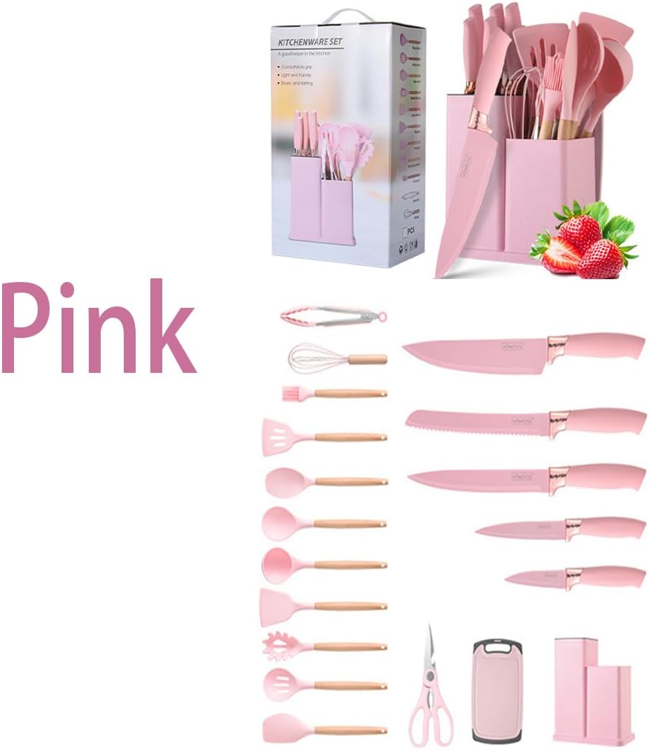 Cherry Pink 19 Piece Kitchen Utensils and Knife Set with Block, Including 9 Silicone Cooking Utensils, 5 Stainless Steel Chef Knives, Scissors, Whisk, Tongs and Cutting Board