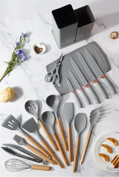 Cherry Pink 19 Piece Kitchen Utensils and Knife Set with Block, Including 9 Silicone Cooking Utensils, 5 Stainless Steel Chef Knives, Scissors, Whisk, Tongs and Cutting Board