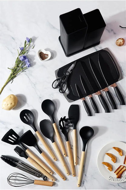 Cherry Pink 19 Piece Kitchen Utensils and Knife Set with Block, Including 9 Silicone Cooking Utensils, 5 Stainless Steel Chef Knives, Scissors, Whisk, Tongs and Cutting Board