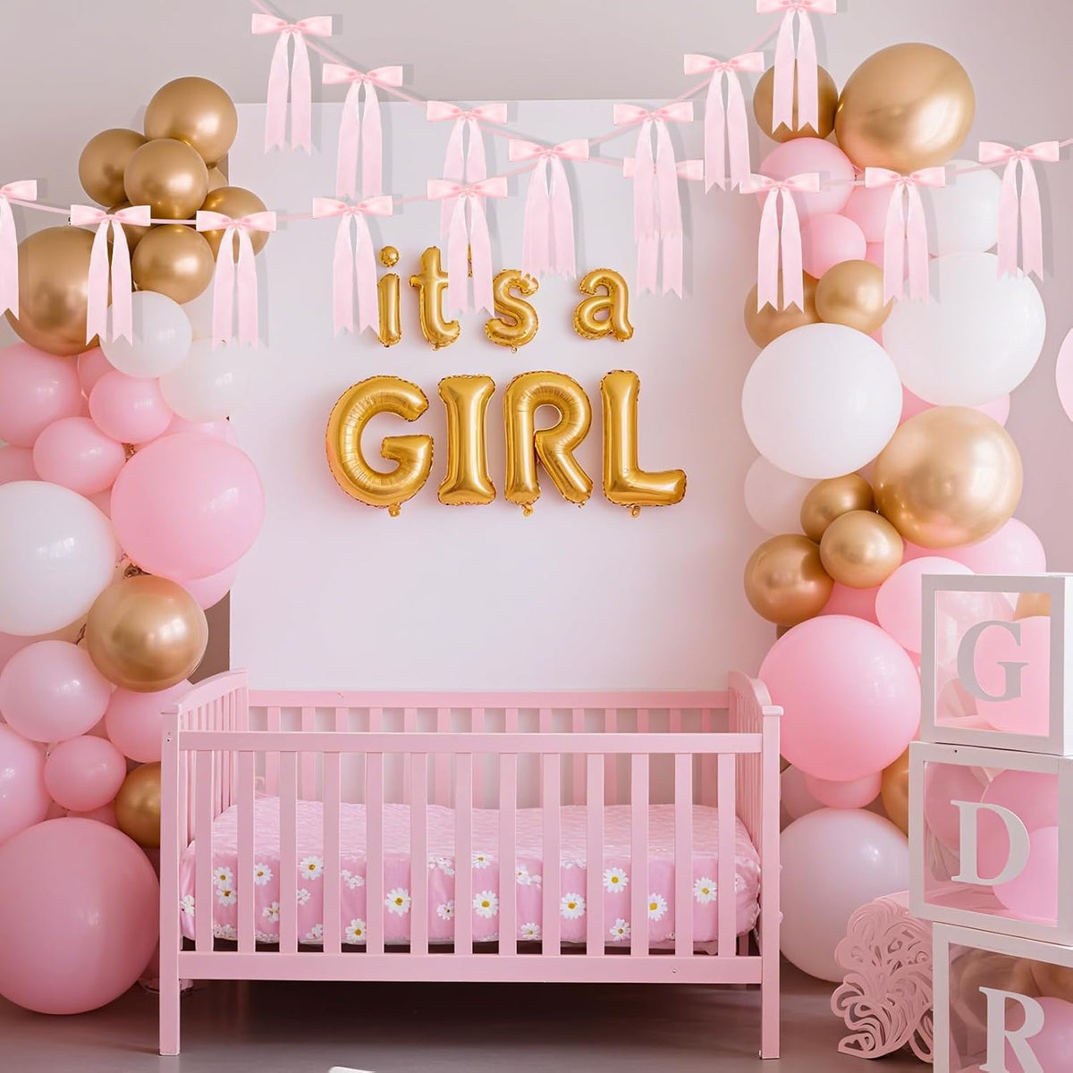 Pink Bow Garland for Party Decorations - 6.6ft x 2 Pre-Strung Hanging Banners for Coquette Birthday, Bridal Shower, Wedding, Engagement, Bachelorette, Women Girl Baby Shower Supplies