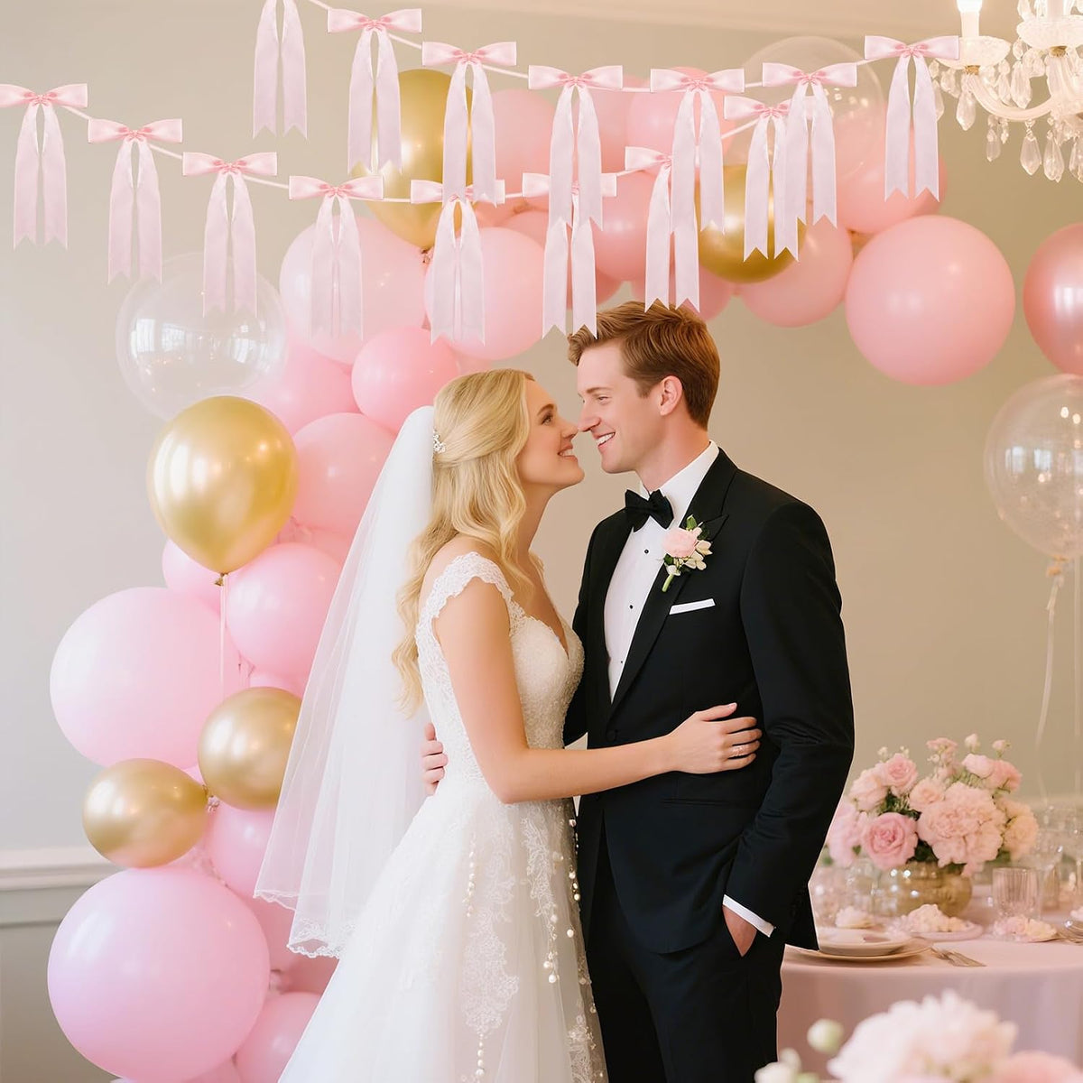 Pink Bow Garland for Party Decorations - 6.6ft x 2 Pre-Strung Hanging Banners for Coquette Birthday, Bridal Shower, Wedding, Engagement, Bachelorette, Women Girl Baby Shower Supplies
