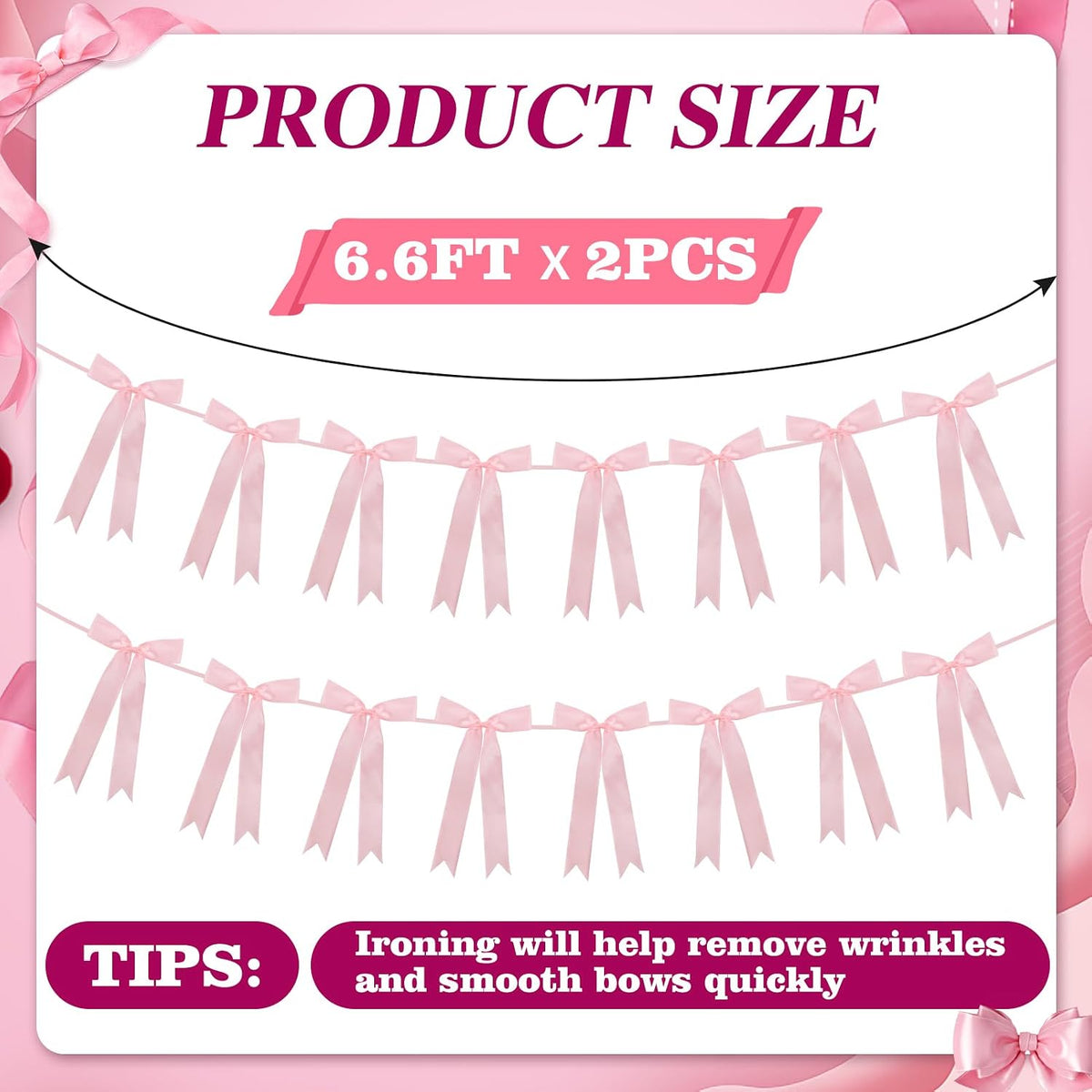 Pink Bow Garland for Party Decorations - 6.6ft x 2 Pre-Strung Hanging Banners for Coquette Birthday, Bridal Shower, Wedding, Engagement, Bachelorette, Women Girl Baby Shower Supplies