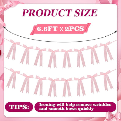 Pink Bow Garland for Party Decorations - 6.6ft x 2 Pre-Strung Hanging Banners for Coquette Birthday, Bridal Shower, Wedding, Engagement, Bachelorette, Women Girl Baby Shower Supplies