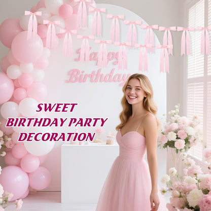 Pink Bow Garland for Party Decorations - 6.6ft x 2 Pre-Strung Hanging Banners for Coquette Birthday, Bridal Shower, Wedding, Engagement, Bachelorette, Women Girl Baby Shower Supplies