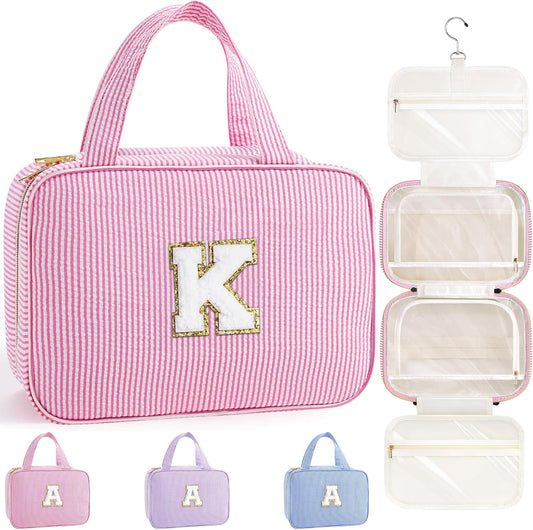 Travel Hanging Toiletry Bag, Personalized Initial Toiletry Pouch, Birthday Gifts for Women Mom Daughter Sister Friends, Cruise Essentials, Pink K