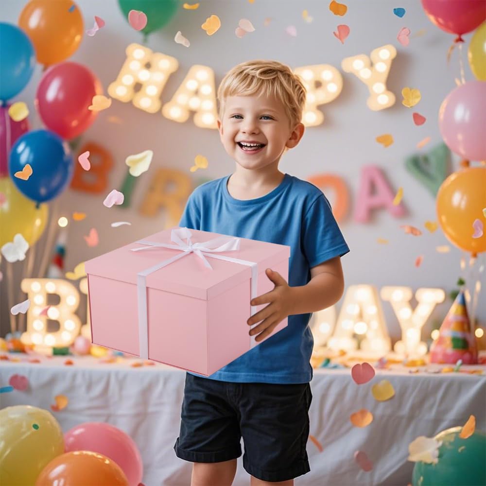 1Pcs Pink Extra Large gift box with lids 16.5×13×8 Inches gift boxes for presents,Birthday Box (include Ribbon, Paper Shred Filler Gift Card & Envelopes)