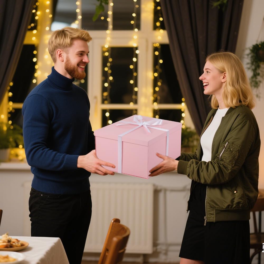 1Pcs Pink Extra Large gift box with lids 16.5×13×8 Inches gift boxes for presents,Birthday Box (include Ribbon, Paper Shred Filler Gift Card & Envelopes)