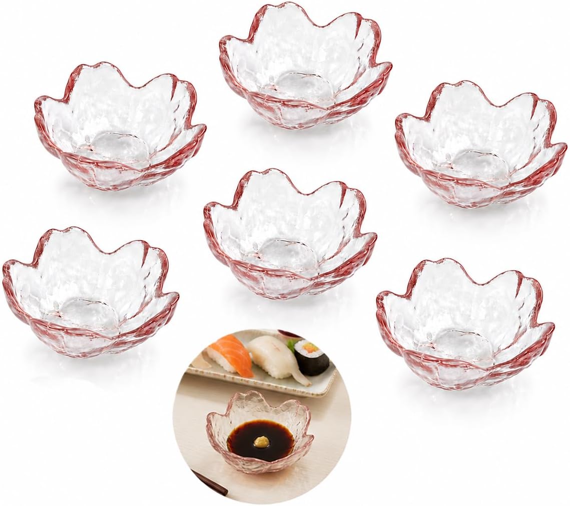 6 Pink Glass Cherry Blossom Dipping Bowls, Sakura Soy Sauce Dishes
