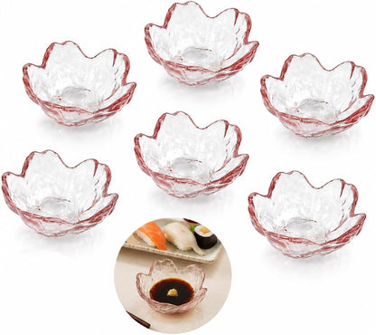 6 Pink Glass Cherry Blossom Dipping Bowls, Sakura Soy Sauce Dishes