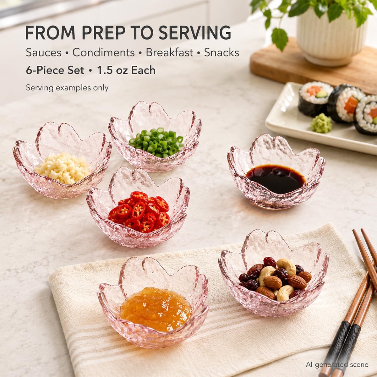 6 Pink Glass Cherry Blossom Dipping Bowls, Sakura Soy Sauce Dishes
