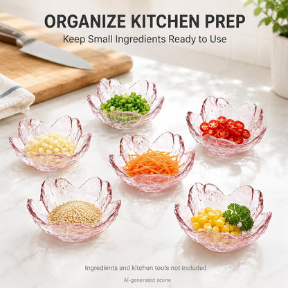 6 Pink Glass Cherry Blossom Dipping Bowls, Sakura Soy Sauce Dishes