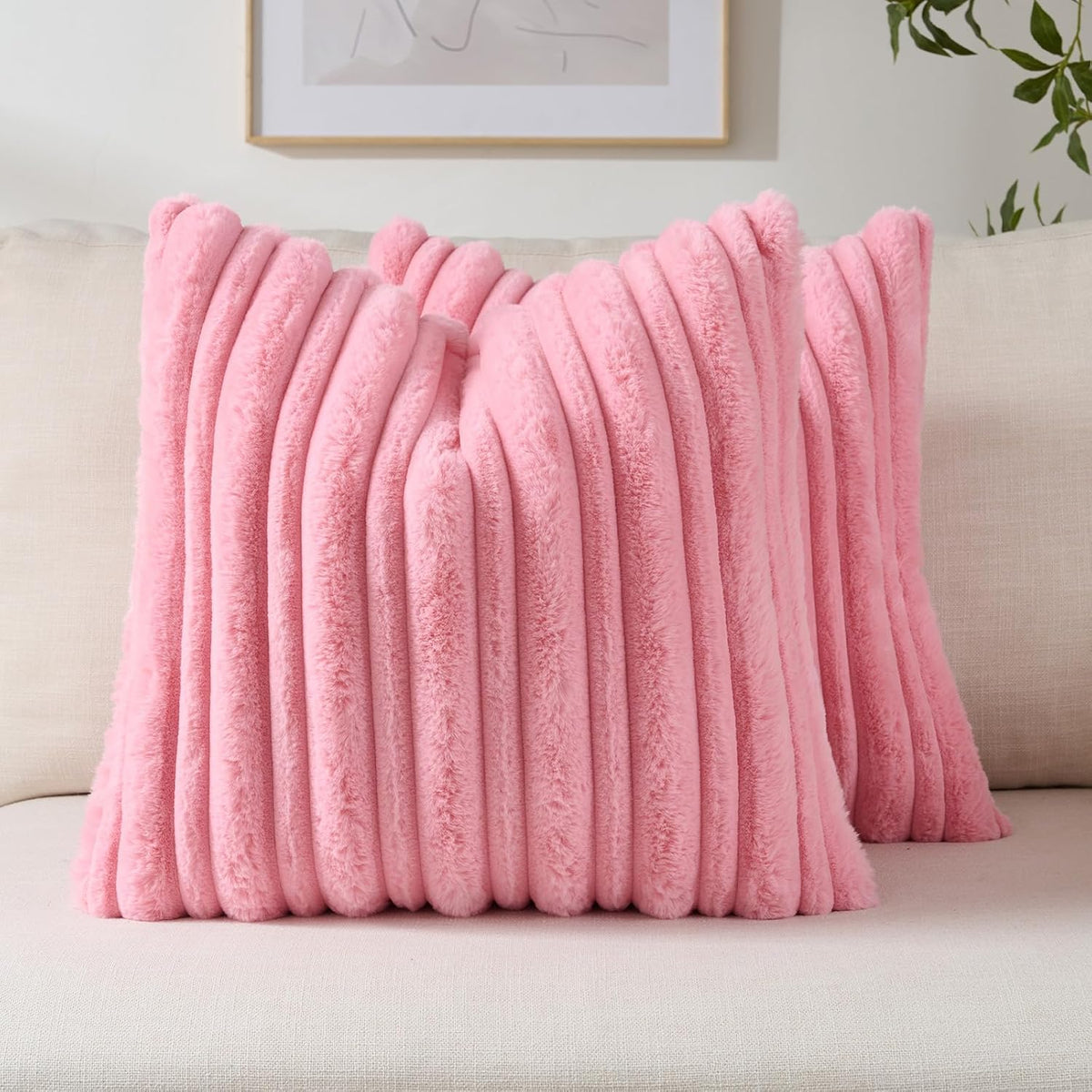 Pack of 2 Faux Rabbit Fur Throw Pillow Covers 18x18 Inch,Bright Pink