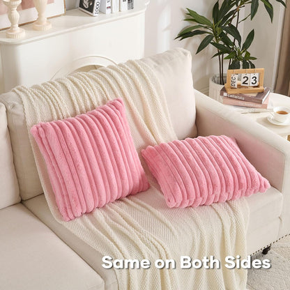Pack of 2 Faux Rabbit Fur Throw Pillow Covers 18x18 Inch,Bright Pink