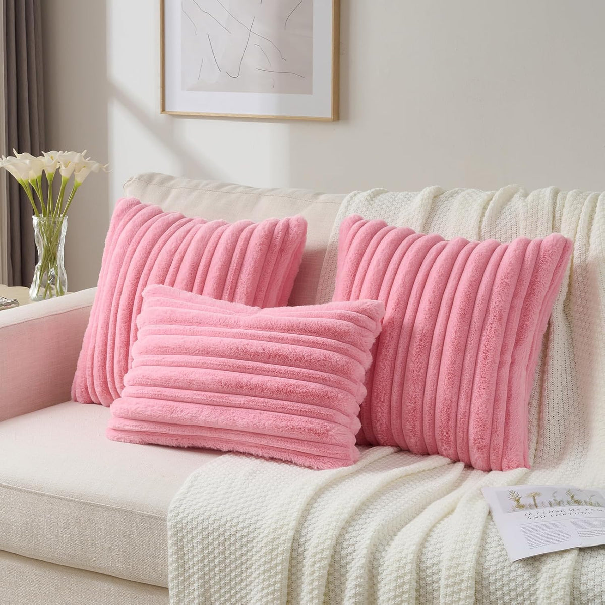 Pack of 2 Faux Rabbit Fur Throw Pillow Covers 18x18 Inch,Bright Pink