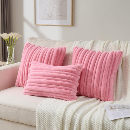 Pack of 2 Faux Rabbit Fur Throw Pillow Covers 18x18 Inch,Bright Pink