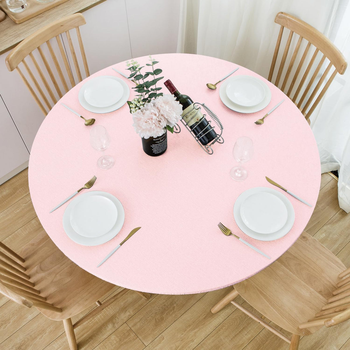 Light Pink Round Fitted Vinyl Tablecloth with Elastic Edge 100% Waterproof Oil Proof PVC Table Cloth Wipe Clean Table Cover for Indoor and Outdoor, 45"- 56"