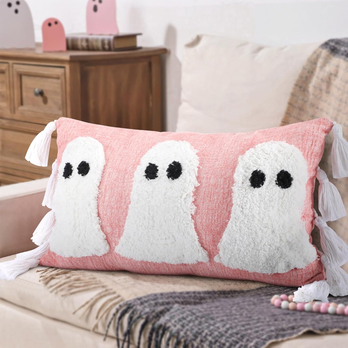 Pink Ghost Halloween Pillow Covers, 12 x 20 Inch Throw Pillow Cases