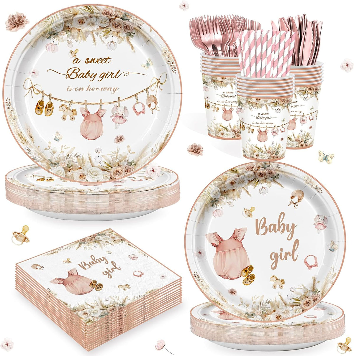 168Pcs Pink Baby Girl Shower Party Supplies Serves 24 Guests, Boho Floral Baby Shower Tableware Set, A Sweet Girl is on Her Way Gender Reveal Decorations Paper Plates Napkins Cups Cutlery
