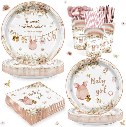 168Pcs Pink Baby Girl Shower Party Supplies Serves 24 Guests, Boho Floral Baby Shower Tableware Set, A Sweet Girl is on Her Way Gender Reveal Decorations Paper Plates Napkins Cups Cutlery