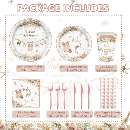 168Pcs Pink Baby Girl Shower Party Supplies Serves 24 Guests, Boho Floral Baby Shower Tableware Set, A Sweet Girl is on Her Way Gender Reveal Decorations Paper Plates Napkins Cups Cutlery