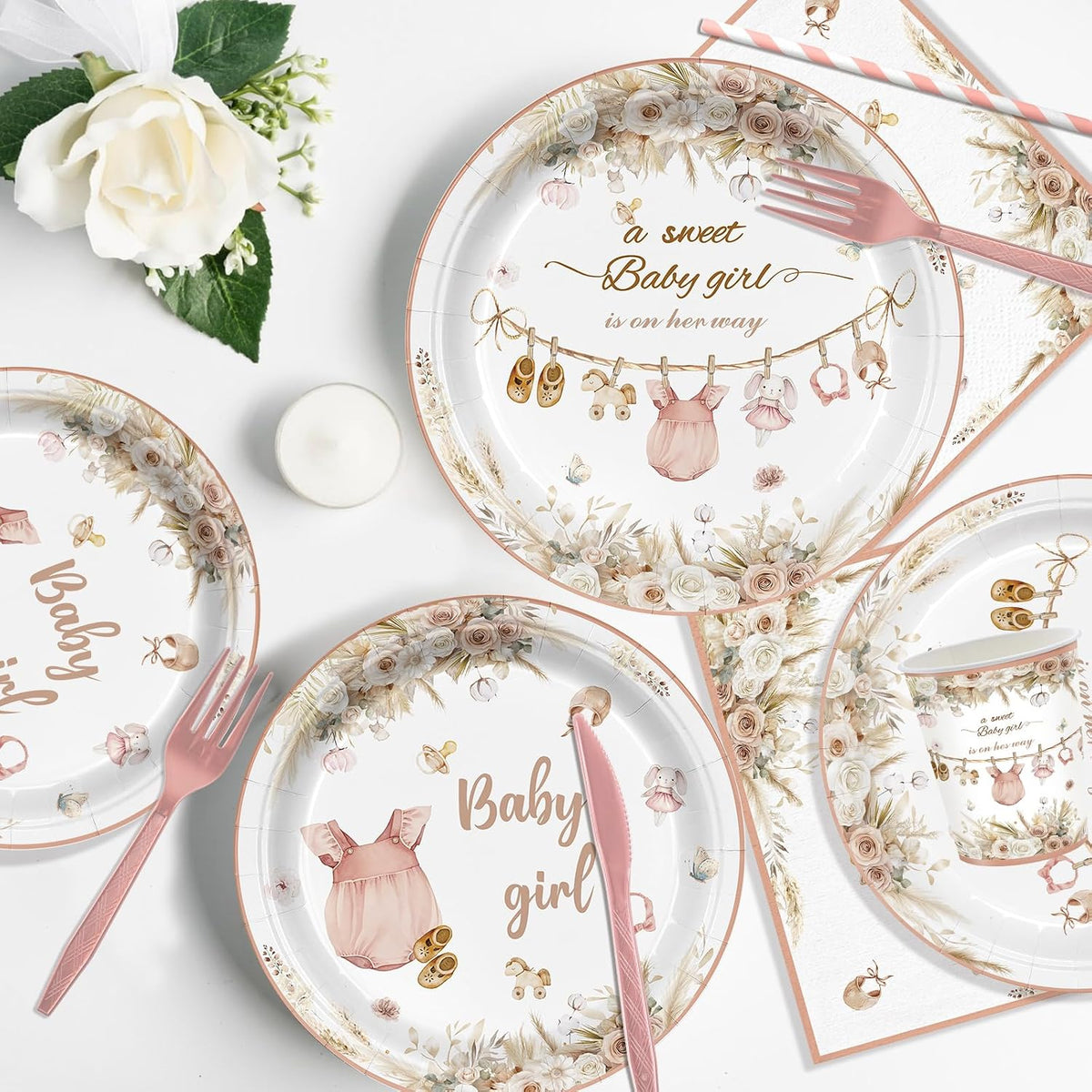 168Pcs Pink Baby Girl Shower Party Supplies Serves 24 Guests, Boho Floral Baby Shower Tableware Set, A Sweet Girl is on Her Way Gender Reveal Decorations Paper Plates Napkins Cups Cutlery