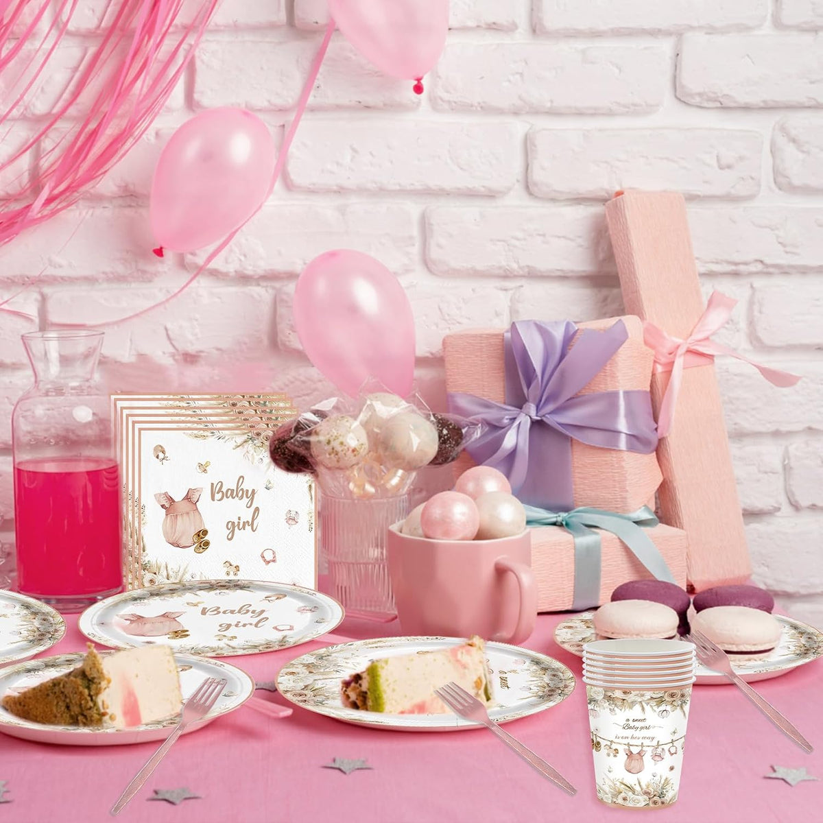 168Pcs Pink Baby Girl Shower Party Supplies Serves 24 Guests, Boho Floral Baby Shower Tableware Set, A Sweet Girl is on Her Way Gender Reveal Decorations Paper Plates Napkins Cups Cutlery