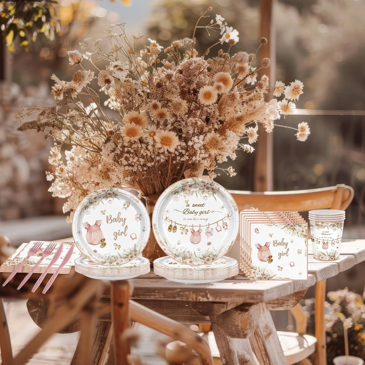168Pcs Pink Baby Girl Shower Party Supplies Serves 24 Guests, Boho Floral Baby Shower Tableware Set, A Sweet Girl is on Her Way Gender Reveal Decorations Paper Plates Napkins Cups Cutlery