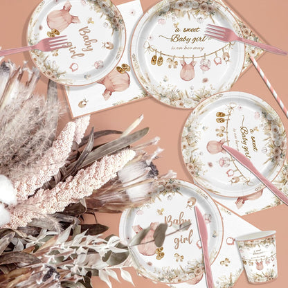 168Pcs Pink Baby Girl Shower Party Supplies Serves 24 Guests, Boho Floral Baby Shower Tableware Set, A Sweet Girl is on Her Way Gender Reveal Decorations Paper Plates Napkins Cups Cutlery
