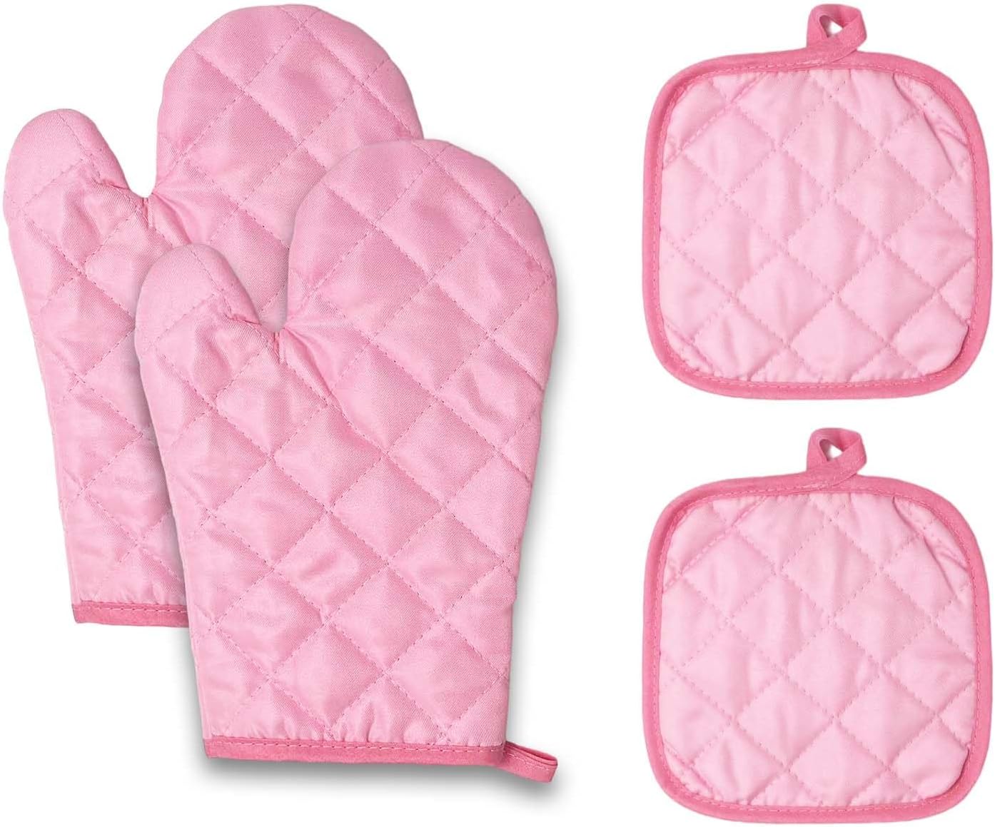 Pink Heat Resistant Oven Mitts and Potholders Set, 2 Packs of Quilted Gloves and 2 Packs of Heatproof Pads, Strong Grip for Hot Pans, Ideal for Cooking, Baking, BBQ, and Kitchen Use