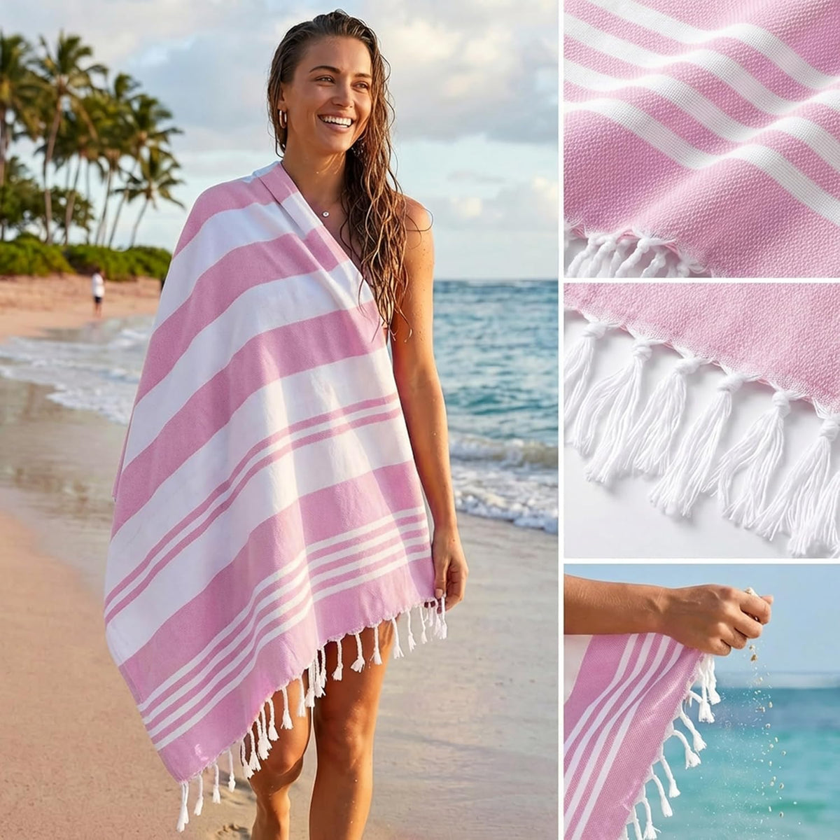 4 Pack Turkish Beach Towels, 40x72 in, 100% Cotton, Soft, Pink