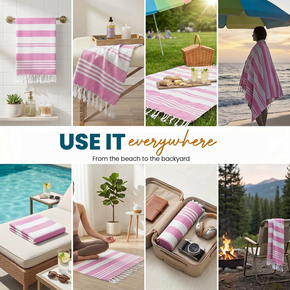 4 Pack Turkish Beach Towels, 40x72 in, 100% Cotton, Soft, Pink